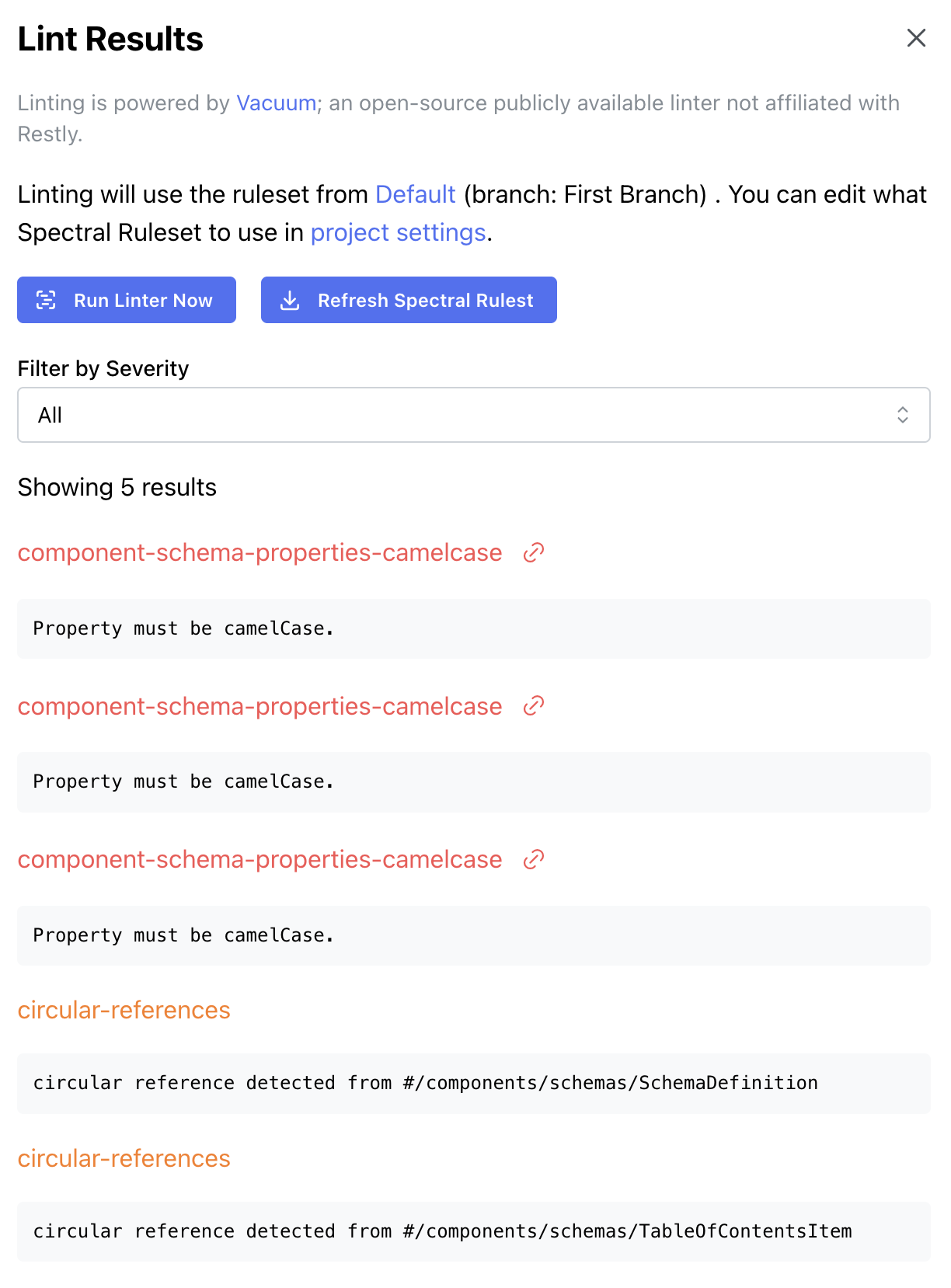 Restly OpenAPI lint results panel